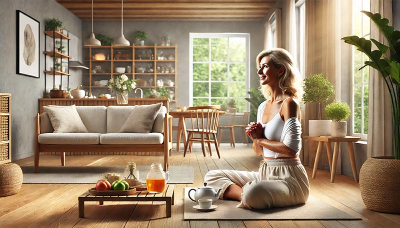 Femme blonde au cheveux longs installée en tailleur sur le tapis de son salon devant une table basse sur laquelle est posé quelques fruit, et un bocal de jus. Elle médite, entourée de plantes et de mobilier naturel, cherchant équilibre, bien-être et sérénité.