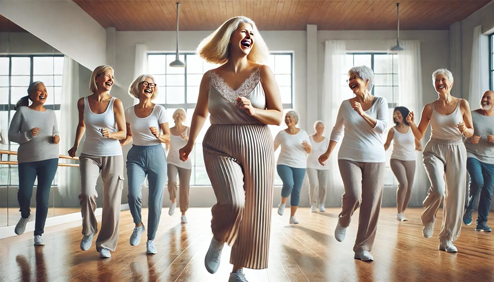 Femmes matures de différentes corpulences participant à un cours de danse avec bonne humeur et entrain. Bien bouger est essentiel pour être en harmonie avec son corps