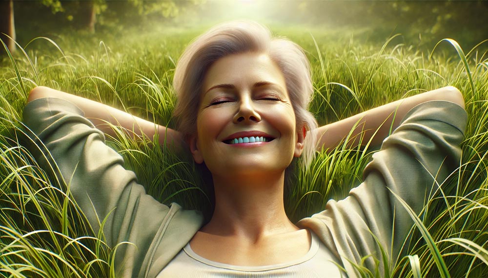 Femme de 50 ans allongée dans l'herbe, sereine et souriante, Santé, équilibre et bien-être, son visage exprime la paix intérieure et l'harmonie émotionnelle.