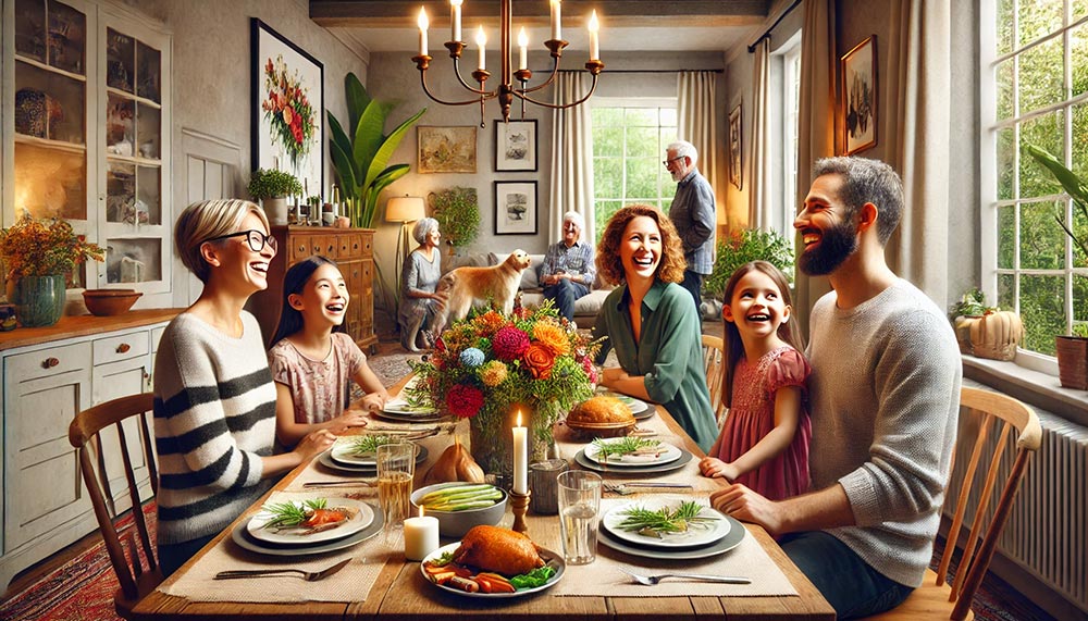 Famille réunie autour d'un repas équilibré et partageant un moment chaleureux dans sa salle à manger conviviale. Parents, grands-parents et enfants renforce leurs liens avec ce moments simples et authentiques. Être en harmonie avec ses relations familiales est un ancrage important pour son bien-être mental.
