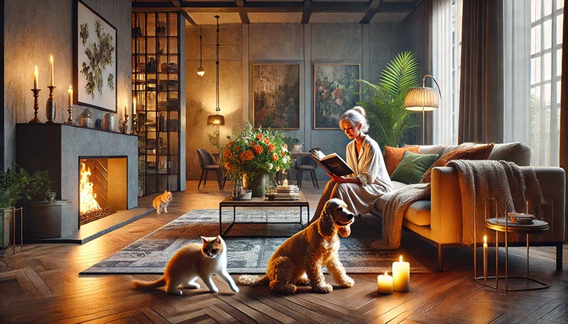 Femme mature assise confortablement dans le canapé de son salon convivial et chaleureux. Elle lit tranquillement pendant que son chat et son chien jouent ensemble autour d'elle. Cette pièce a été personnalisée pour lui apporter sérénité et réconfort : une cheminée moderne, une table base sur laquelle est posé un joli bouquet de fleurs colorées, des plantes vertes, des tableaux aux murs et des bougies.