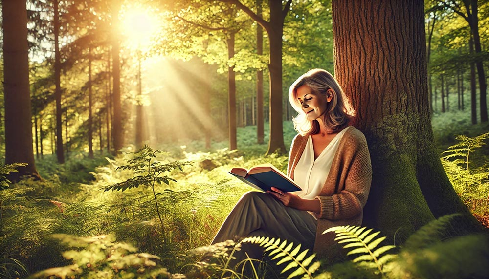 Femme blonde entre 55 et 60 ans portant un chemisier blanc et un gilet beige est assise dans une forêt ensoleillée, adossée à un arbre et plongée dans la lecture, Cette tranquillité et cette connexion à la nature est extrêmement bénéfique pour ta santé, ton équilibre et ton bien-être général.
