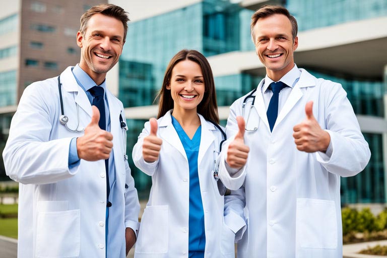 Trois médecins, deux hommes et une femme, vêtus de blouses blanches et portant des stéthoscopes autour du cou, se tiennent debout devant un hôpital. Avec des sourires chaleureux, ils lèvent leur pouce vers le photographe, exprimant leur soutien pour la marche à pied.