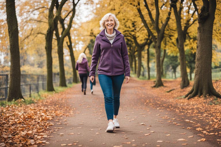 Une femme souriante de soixante ou soixante-dix ans marche seule le long d'un sentier bordé d'arbres dans un parc en automne.