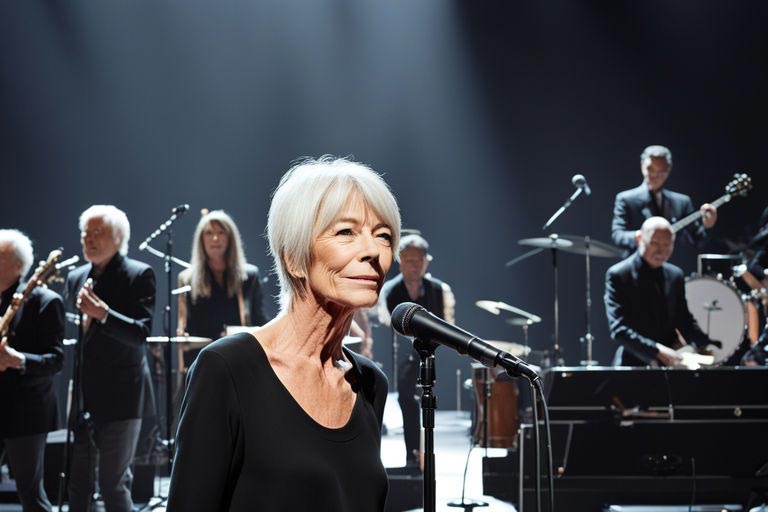 Chanteuse septuagénaire aux cheveux blancs, élégamment habillée en noir, assise devant un piano et un microphone, en pleine performance. En arrière-plan, des musiciens l'accompagnent, ajoutant de la profondeur à la scène.