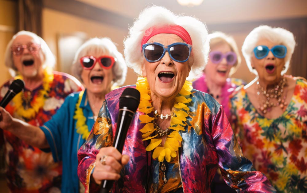 Groupe de chanteuses du troisième âge aux cheveux blancs, vêtues de chemises à fleurs, portant des lunettes de soleil multicolores et des colliers de fleurs hawaïens, affichant un air joyeux.
