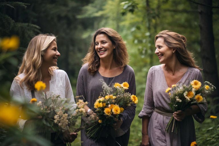 Trois femmes souriantes ayant retrouvé confiance en elles, dans la quarantaine, marchent tout en discutant dans une forêt. Chacune tient un bouquet de fleurs fraîchement cueillies, ajoutant une touche colorée à leur promenade.