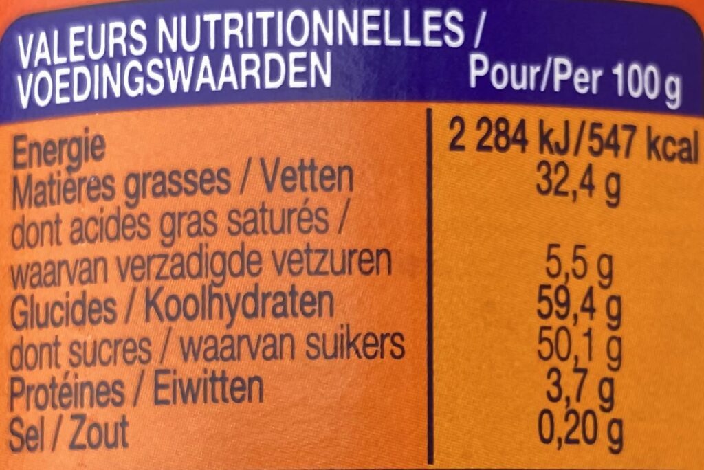 Etiquette d'une pâte à tartiner au chocolat