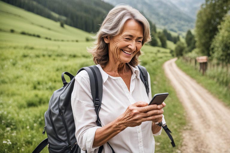 Une femme âgée de cinquante ou soixante ans, avec de longs cheveux gris et un large sourire, fait de la randonnée à la montagne. Elle porte un tee-shirt blanc et un sac à dos, tout en consultant son smartphone.