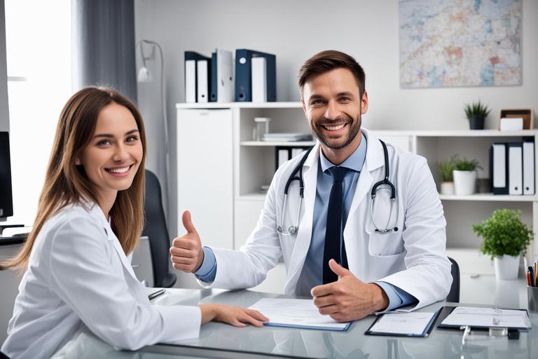 Un médecin portant une blouse blanche et un stéthoscope autour du cou est assis à son bureau dans son cabinet. En face de lui, une patiente souriante partage un moment de complicité. Le médecin lève le pouce, montrant son approbation et son encouragement.