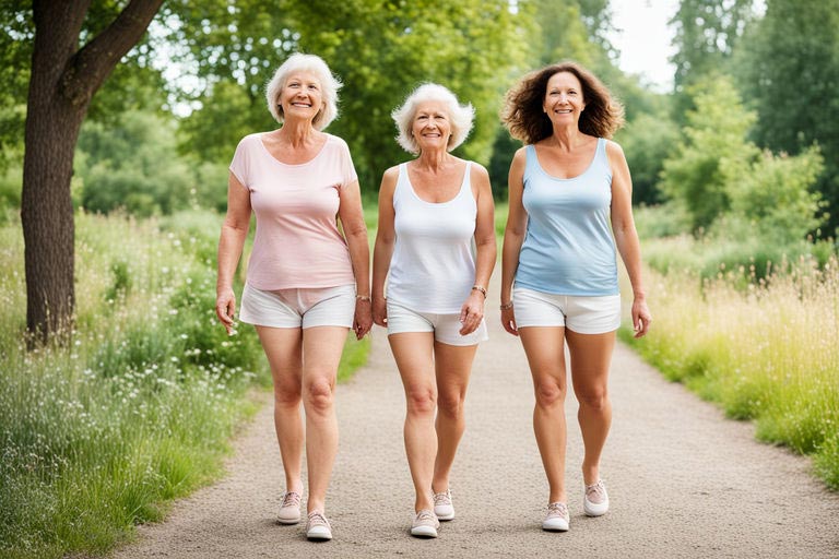 Trois femmes de différents âges, souriantes et heureuses, marchent côte à côte sur une route de campagne. Elles portent des shorts et des tee-shirts estivaux, ce qui souligne l'aspect décontracté de la marche à pied en plein air.