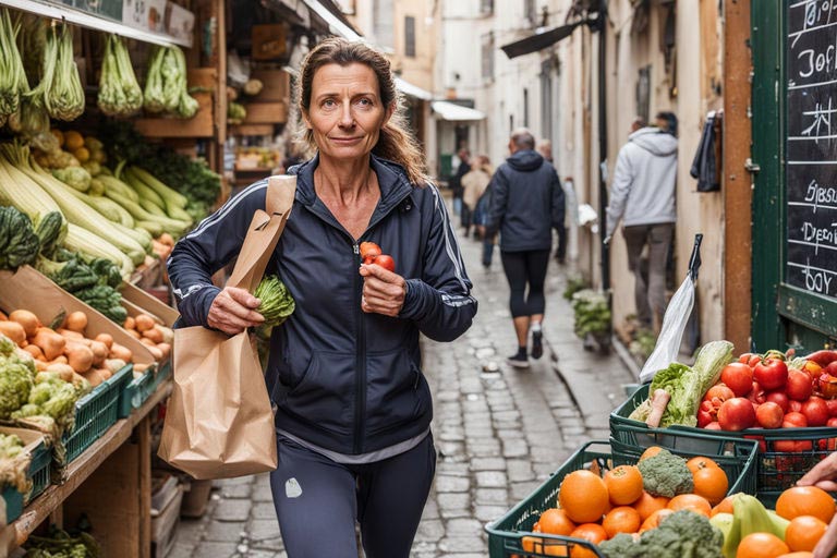 Femme de 40 ans environ en tenue de sport rentrant de sa marche à pied quotidienne et passant devant une petite boutique de fruits et légumes.