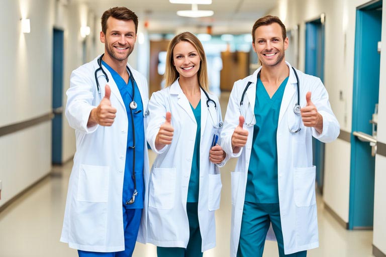 Trois médecins, deux hommes et une femme, portant des blouses blanches avec des stéthoscopes autour du cou, se tiennent dans le couloir d'un hôpital. Ils regardent le photographe avec un grand sourire, chacun levant le pouce en signe d'approbation. Cette image évoque le soutien des professionnels de la santé aux bienfaits de la marche à pied.