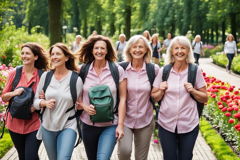Cinq femmes joyeuses et souriantes marchent ensemble d'un pas assuré dans un parc verdoyant et fleuri. Leur expression rayonnante témoigne du plaisir et du bien-être qu'elles éprouvent en pratiquant la marche à pied en plein air.