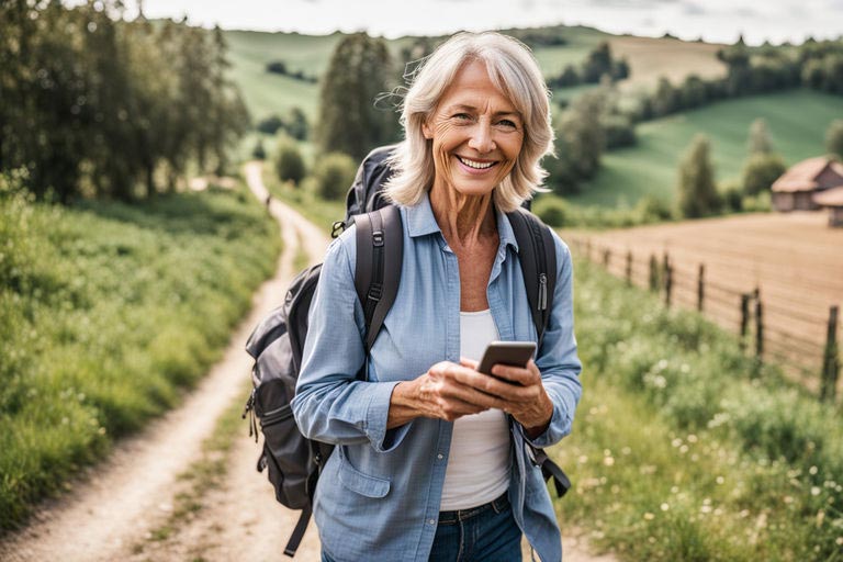 Une femme d'une cinquantaine d'années, avec de longs cheveux gris/blonds, affiche un grand sourire en faisant une randonnée dans la campagne. Elle porte un jean, une chemise en jean par-dessus un tee-shirt blanc, et un sac à dos. Dans ses mains, elle tient un smartphone, suggérant qu'elle utilise des applications de randonnée.