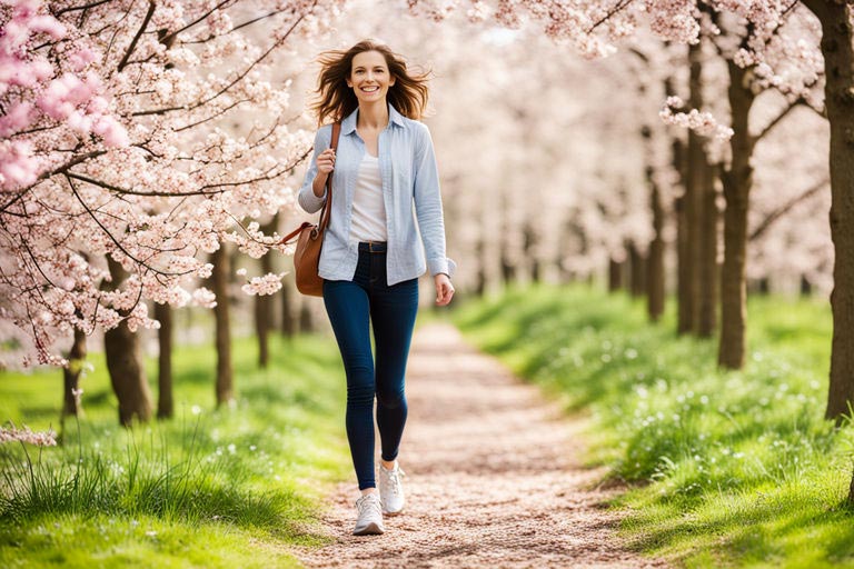 Femme avec un grand sourire marchant sur un sentier bordé d'arbres en fleurs.