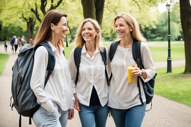 Trois jolies femmes d'une quarantaine d'années, avec de longs cheveux blonds, marchent ensemble tout en discutant dans un parc. Elles portent toutes des jeans et des chemisiers blancs, créant une atmosphère harmonieuse. Cette image illustre les bienfaits de la marche à pied, montrant comment cette activité peut être sociale et agréable.