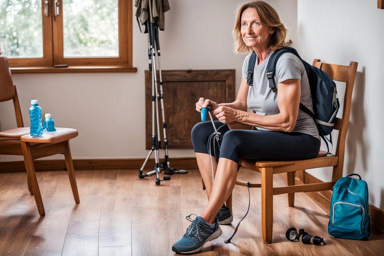 Une femme d'une quarantaine d'années, avec des cheveux bruns mi-longs, assise sur une chaise chez elle, se prépare à sortir marcher . Elle porte des chaussures de sport, un tee-shirt gris, un legging noir et un sac à dos. En arrière-plan, on peut voir des bâtons de marche, tandis qu'une gourde repose sur une autre chaise.