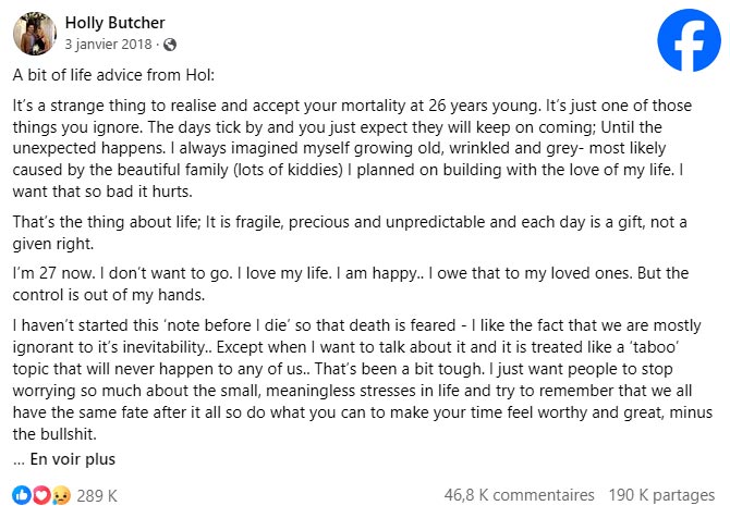 Lettre d'Holly Butcher publiée sur les réseaux sociaux le jour de sa mort par sa famille.