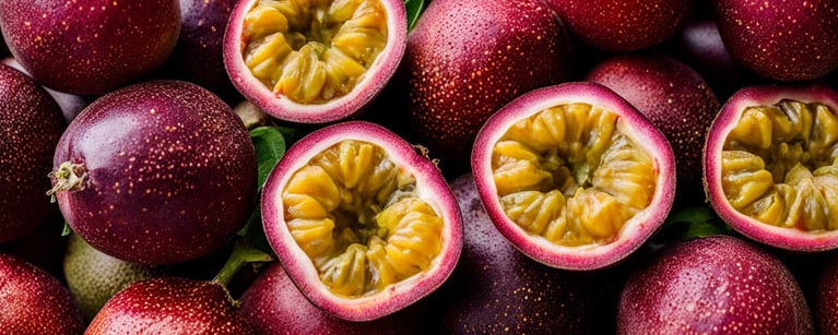 Fruits de la passion du mois de mai, avec leur chair dorée et leur goût exotique et sucré, prêts à égayer vos desserts et boissons estivales d'une touche tropicale.