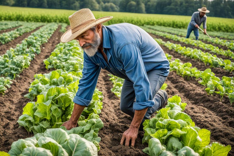agriculteur travaillant en agriculture biologique dans son champ de fruits et légumes du mois de mai, soignant avec attention les cultures pour garantir fraîcheur et qualité.