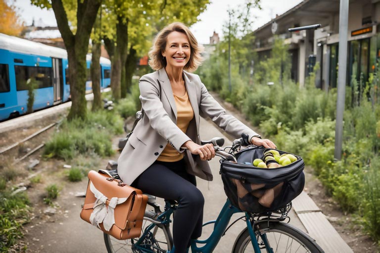 Une femme blonde entre cinquante et soixante ans, souriante, pose sur son vélo sur une piste cyclable bordée de végétation et par une rame de tramway. Elle a des fruits et légumes dans un panier attaché à son guidon.