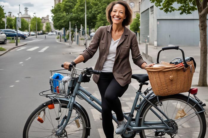 Une femme entre quarante et cinquante ans, aux cheveux bruns ondulés et souriante, se tient debout à côté de son vélo avec un grand panier en osier sur le porte-bagages, dans une rue bordée d'arbres.