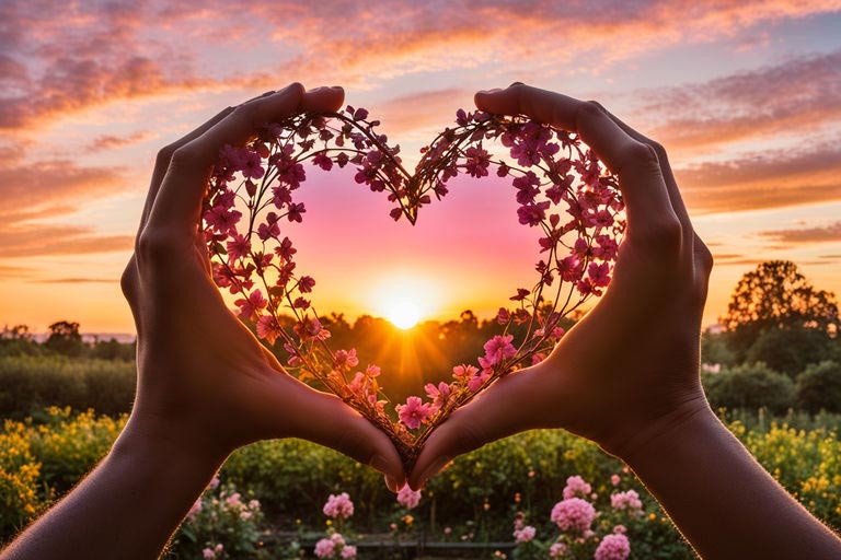Mains tenant un cœur lumineux sur fond de coucher de soleil au-dessus d'un jardin fleuri. Le ciel est teinté de nuances profondes de rose, d'orange et de doré, créant une atmosphère sereine et inspirante. Le jardin, luxuriant et en pleine floraison, symbolise la joie des petites choses et la croissance personnelle. Cette image évoque l'amour, l'altruisme et l'importance des relations significatives, rappelant de profiter de chaque instant.