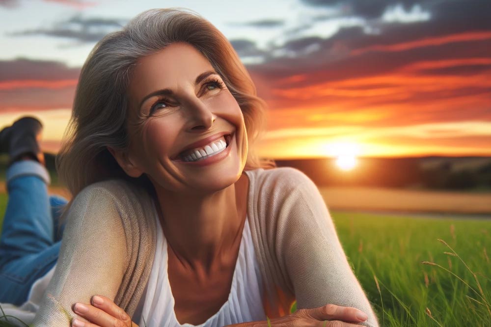 Une femme d'environ 50 ans souriante et heureuse regardant un magnifique coucher de soleil : Un moment de joie intérieure