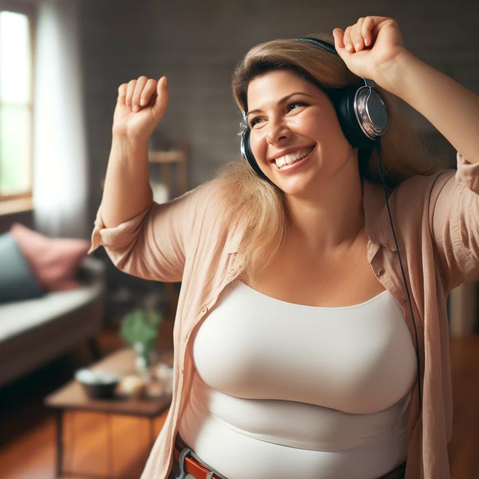 Un grand moment de joie pour cette femme rondelette de 40 ans souriante et dansant avec un casque audio.