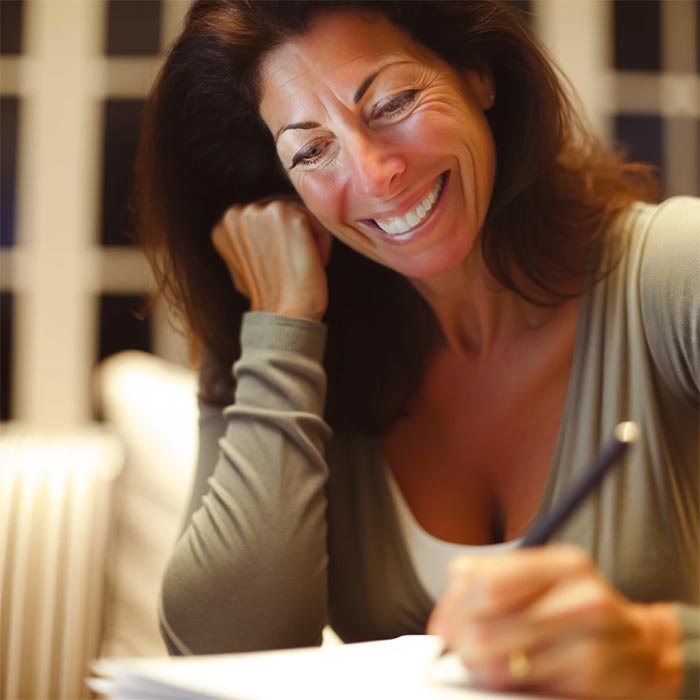 Femme brune de 40 ans souriante écrivant une lettre à un ami : Un réel moment de joie.