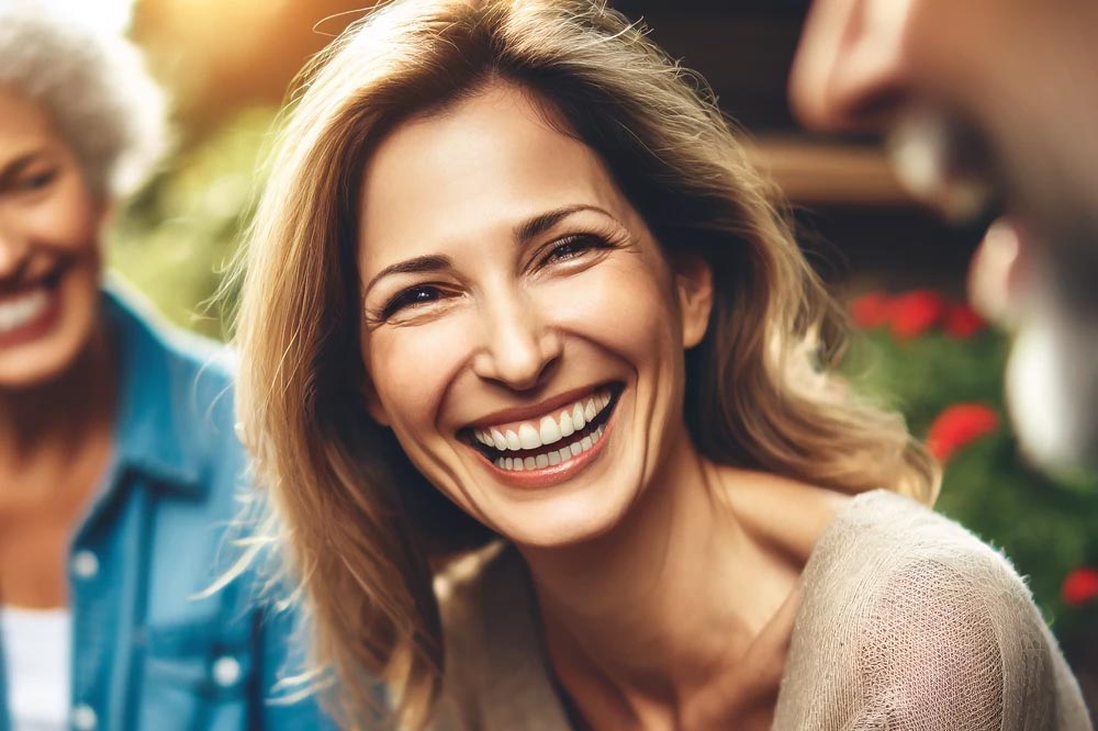 Une femme souriante en train de rire et de partager un moment joyeux avec des amis