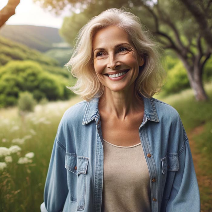Femme blonde de 60 ans souriante se promenant dans la nature en pleine conscience pour se recentrer et apprécier les petites choses de la vie.