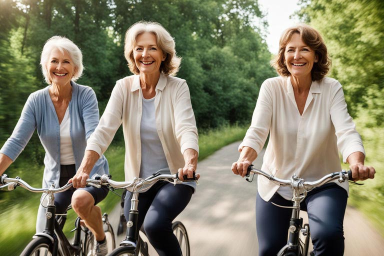 Trois femmes entre cinquante et soixante-cinq ans, souriantes, pédalent côte à côte sur une route de campagne, exprimant la joie de faire de la bicyclette ensemble.