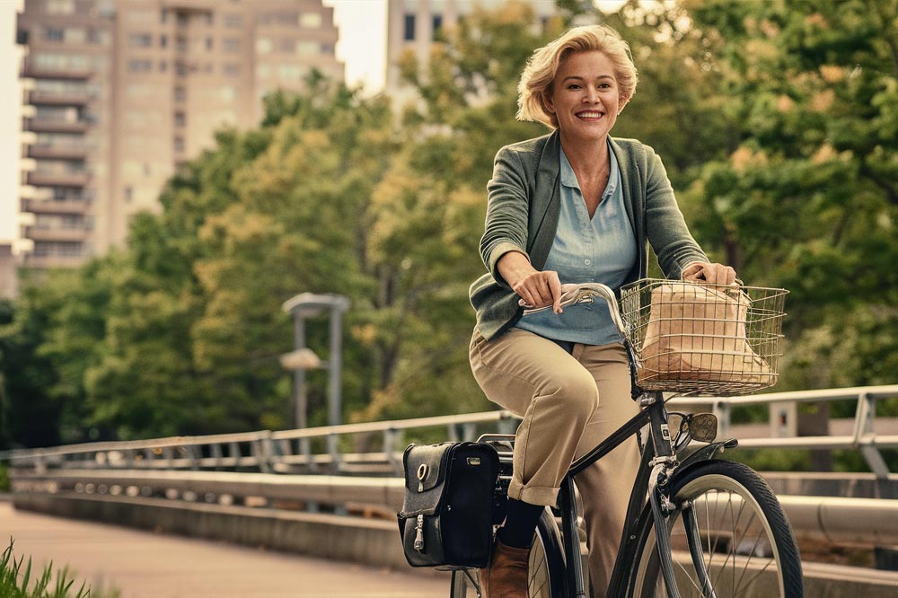 Une femme d'une quarantaine d'années, blonde aux cheveux au carré, trés souriante, pédale avec dynamisme sur une piste cyclable pour se rendre au travail à vélo. Son sac à main est dans un panier accroché au guidon et son vélo est équipé de sacoches.