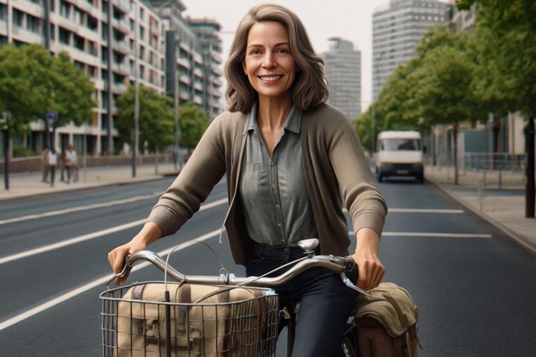 Une femme d'environ quarante-cinq ans, souriante et heureuse, sur son deux-roues. Son cartable est dans un panier métallique accroché au guidon.
