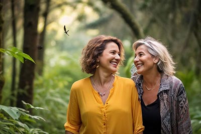Deux femmes se baladent en forêt et discutent ensemble avec le sourire.