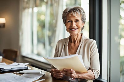 Une femme élégante entre soixante et soixante-dix ans lit des affirmations positives dans son appartement. Les affirmations positives font partie des outils efficaces permettant de cultiver une attitude positive chaque jour.