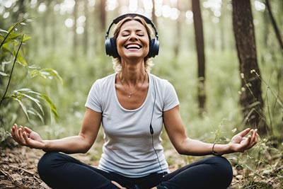 Une femme d'une quarantaine d'années, en tenue de sport avec un tee-shirt gris et un jogging noir, est assise en tailleur dans la nature. Elle médite avec un casque audio sur la tête et un très grand sourire.