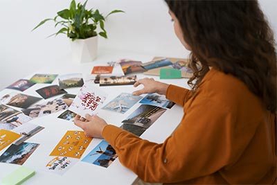 De dos, une femme est assise à une table, créant son tableau de vision de gratitude. Cette activité reflète son engagement à cultiver une attitude positive en visualisant et appréciant les aspects positifs de sa vie.