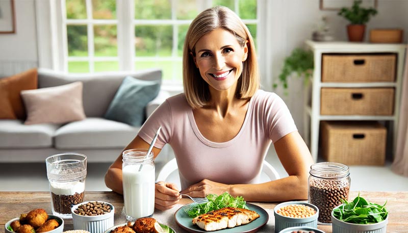Une femme blonde aux cheveux longs, entre quarante et cinquante ans, en tee-shirt rose pâle, est assise à table devant un repas riche en protéines, avec un canapé, une fenêtre et un meuble en arrière-plan.