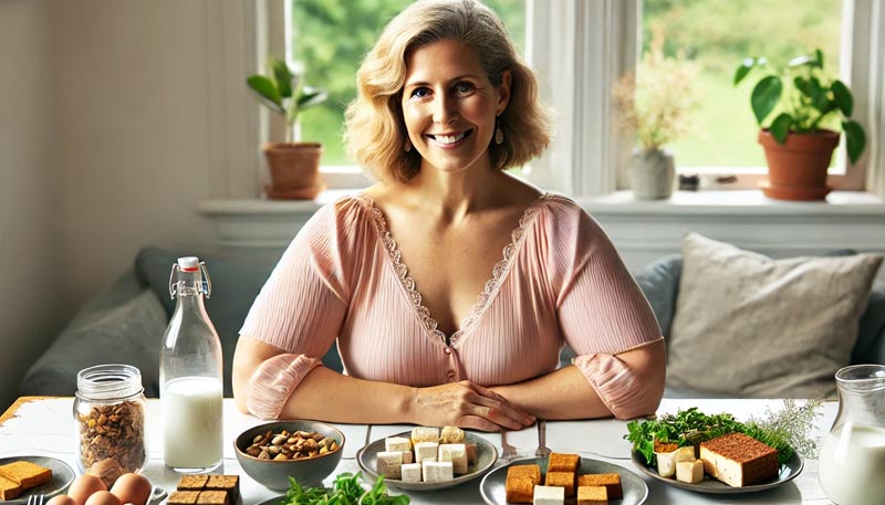 Une femme blonde en surpoids, âgée entre cinquante et soixante ans, avec un joli sourire, est assise à table chez elle devant des aliments riches en protéines. À l'arrière-plan, un canapé, une fenêtre et des plantes vertes sont visibles.