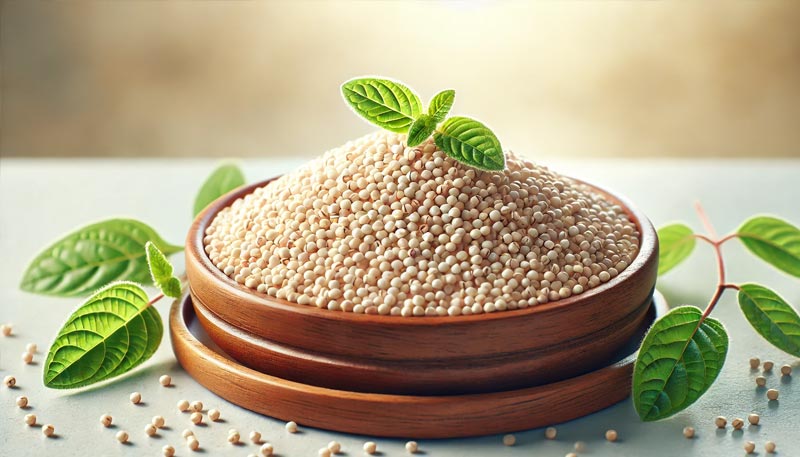 Tas d'amarante en forme de pyramide avec quelques feuilles d'herbes aromatiques posées dessus dans une soucoupe orientale.