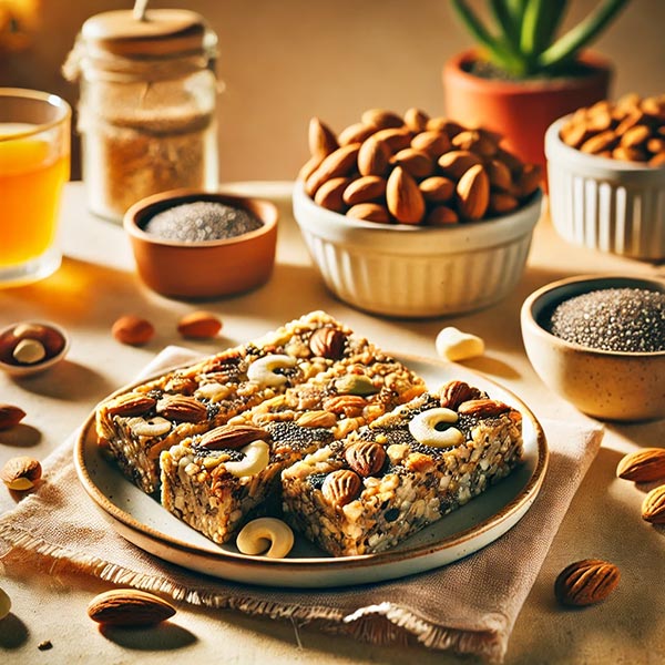 Barres maison à base de noix et graines comme les amandes, noix de cajou, graines de chia et graines de lin, riches en protéines, fibres et graisses saines. Des barres composées d'aliments riches en protéines et très nourrissantes.