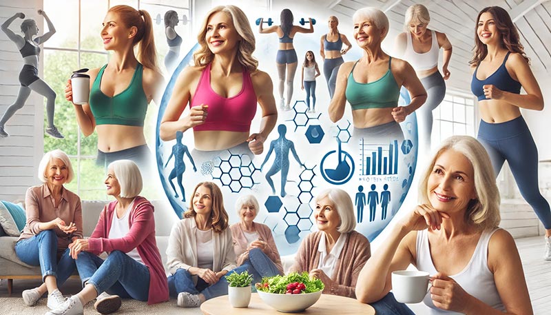 Montage photos de femmes de différents âges pratiquant des activités physiques, discutant, prenant une pause café, et déjeunant, illustrant les besoins quotidiens en protéines adaptés à l'âge, au sexe, à l'activité physique et à l'état de santé.