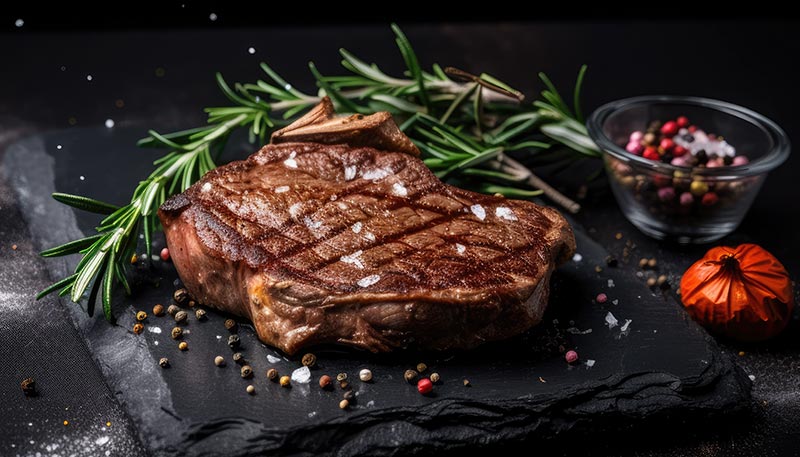 Ardoise sur laquelle se trouve une belle pièce de bœuf grillée avec une petite tomate et des herbes aromatiques, illustrant un repas riche en protéines animales.