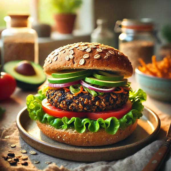 Burger végétarien aux haricots noirs, préparé avec des galettes de haricots noirs écrasés, avoine, épices et légumes râpés, servi dans des pains complets avec avocat, tomates et laitue. Une source riche en protéines et fibres.