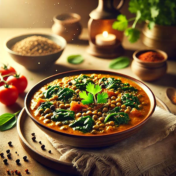 Belle assiette de curry de lentilles et d'épinards dans un cadre champêtre, illustrant un repas savoureux et riche en protéines et en fibres