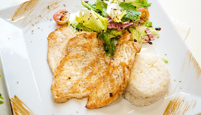 Assiette contenant des tranches de filets de poulet grillé avec du riz et un peu de salade, illustrant un repas équilibré riche en protéines animales complètes.
