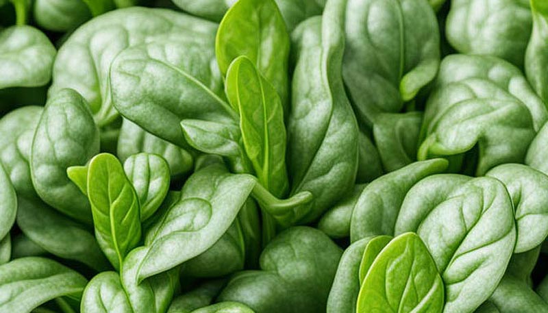 Feuilles d'épinard en vrac, riches en protéines végétales et en nutriments essentiels.